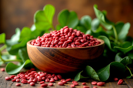 Earthy Wooden Bowl Overflowing with Bright Red Seeds and Fresh Green Leavesの写真素材