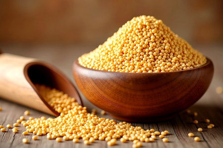 Rustic Wooden Bowl Overflowing with Golden Mustard Seeds on Wooden Table.の写真素材