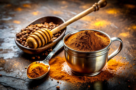 Rich Coffee Powder with Honey and Beans, Rustic Morning Blend Still Life.の写真素材