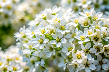 Elegant White Blossoms Bathed in Gentle Spring Light. Macro Floral Harmony.の写真素材
