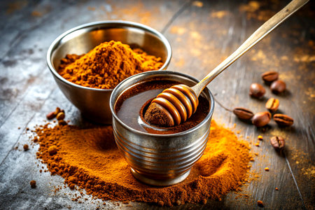Aromatic Coffee and Honey Blend with Rich Powder and Rustic Spoonful.の写真素材