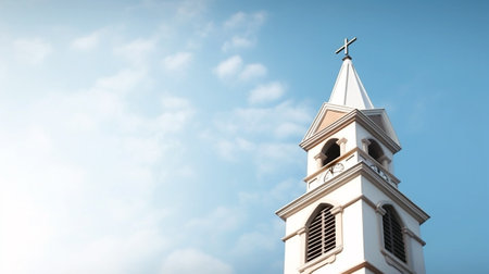 Church steeple against blue sky with white clouds. Religious background.の素材
