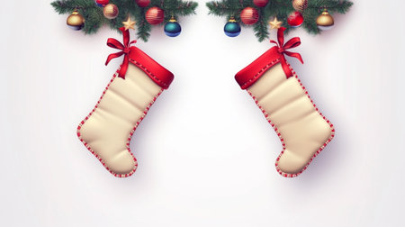 Experience holiday gift surprises as Christmas stockings overflow with beautifully wrapped presents.の素材