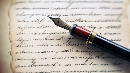 Classic penmanship with a vintage-style fountain pen in close-up.の素材