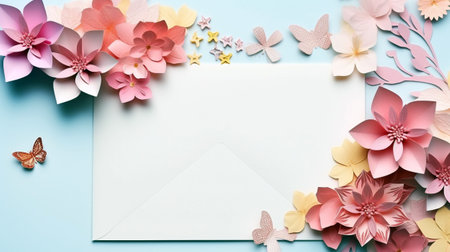 Paper flowers and envelope on blue background, top view. Space for textの素材
