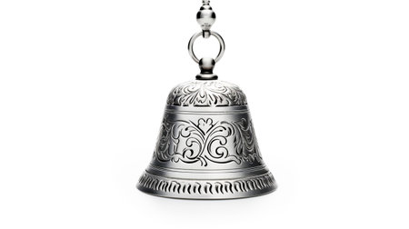 An exquisite handcrafted silver bell adorned with intricate engraved patterns, showcasing fine artistry and craftsmanship.の素材