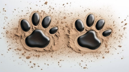 Observe a dog paw print in wet mud with glistening water droplets. Nature's artistry captured in this image of a playful canine's mark.の素材