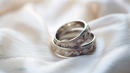 Exquisite wedding rings delicately rest on a lace wedding dress, evoking bridal romance and elegance.の素材