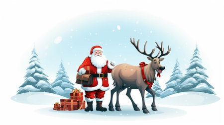 Santa Claus with reindeer and gift in the snowy forest illustrationの素材