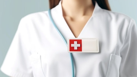 Observe a nurse wearing a distinguished medical cross badge on a pristine white uniform, representing dedication to healthcare.の素材