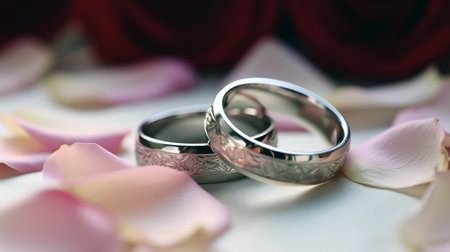 Explore the beauty of wedding rings on delicate rose petals, a visual representation of love and commitment.の素材