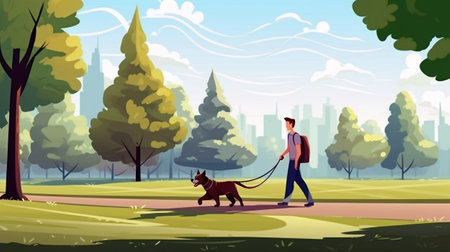 Experience the joy of an outdoor dog walk as an owner and their pet bond while walking together with a leash.の素材