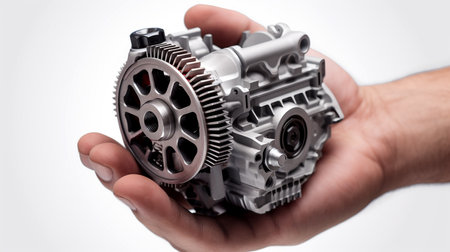 Close-up of a male hand holding a car gearbox.の素材