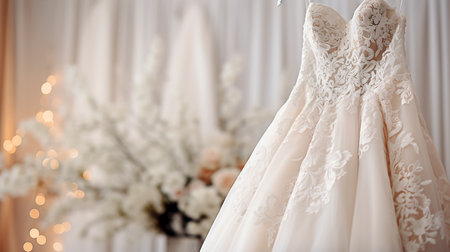 Capture the intricate beauty of a bride's bouquet in this close-up shot set against her elegant bridal gown. These floral details add a touch of romance to your wedding photos.の素材