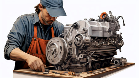 3D illustration of a car mechanic working on a car engine.の素材