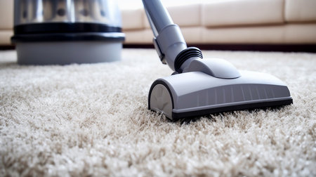 Vacuum cleaner cleaning carpet in living room, close-upの素材