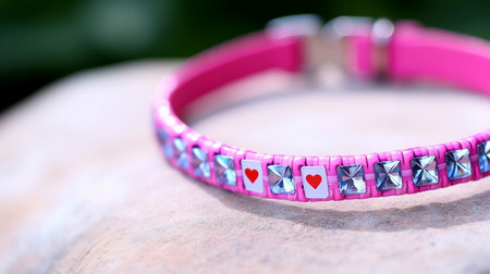 Capture a close-up of a cat showcasing its vibrant and colorful collar, adding a touch of elegance to your pet's fashion.の素材