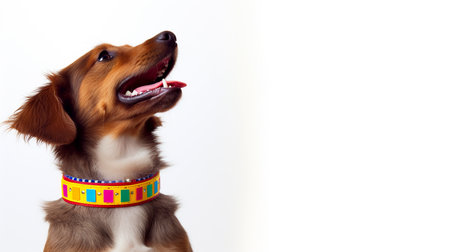 Discover a close-up view of a dog wearing a fashionable and colorful collar, a stylish accessory that complements your pet's look.の素材