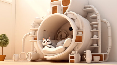 Capture a close-up of a cat's serene relaxation as it enjoys the comfort of a cat condo. Witness feline contentment and the coziness of its chosen resting spot.の素材