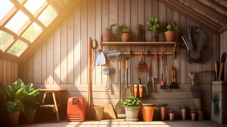 Gardening tools in a wooden house. 3d rendering.の素材