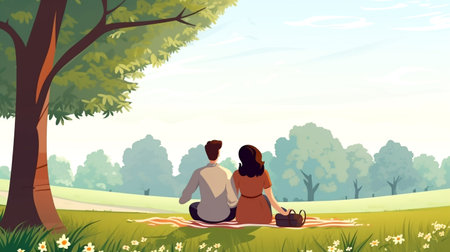 Join lovebirds in the park for a heartwarming picnic amid serene nature, where love, enjoyment, and scenic beauty come together.の素材