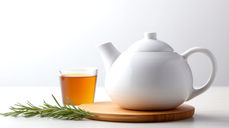 A close-up view of a teapot filled with freshly brewed herbal tea, emitting an aromatic and refreshing steam, perfect for enjoying a hot beverage.の素材