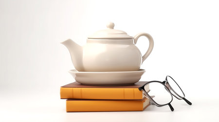 Indulge in a literary tea break with a teapot, books, and reading glassesâa relaxing escape to a cozy reading corner for leisurely tea moments.の素材