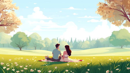 Discover love in the park as a couple shares a romantic picnic, connecting with nature's beauty and embracing togetherness.の素材