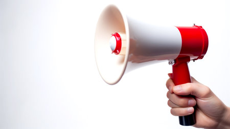 Observe the power of communication as a hand holds a megaphone icon in a close-up view, showcasing the ability to amplify important messages.の素材