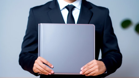 Get an up-close look at a businessman holding a sleek briefcase, symbolizing professionalism in the corporate world.の素材