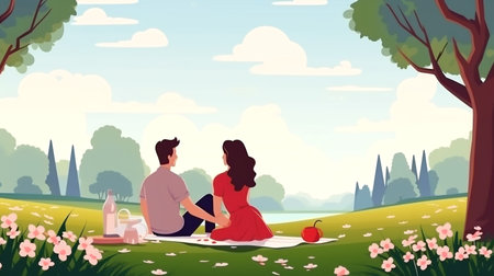 Experience the romance of a park picnic as a couple cherishes quality time amidst the beauty of nature, perfect for relaxation.の素材