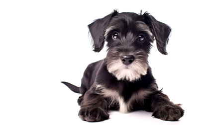 A close-up view of an adorable Miniature Schnauzer puppy, emphasizing its playful and endearing nature.の素材
