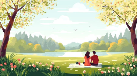 Share outdoor picnic fun with a couple basking in nature's embrace, on a cozy blanket, relishing delicious food and happiness under the sun.の素材
