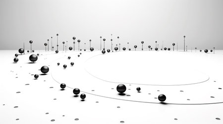 3d rendering of a white background with black balls in the middleの素材