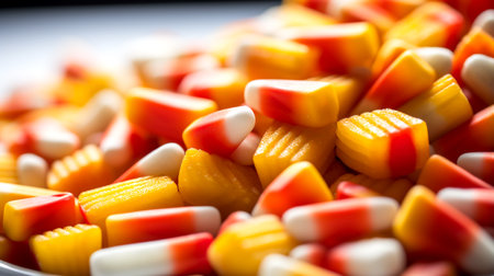 Explore the vibrant colors of Halloween candy corn with this captivating macro photography, a delightful addition to your sweet treat collection.の素材