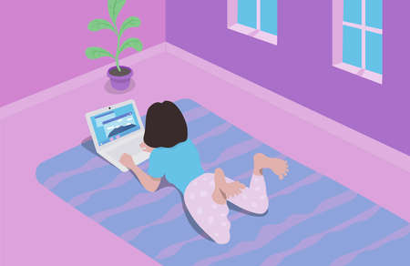Girl with laptop lying. Freelance, studying concept. Vector illustrationのイラスト素材