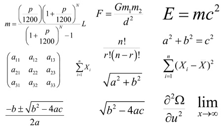 Mathematics and Physics vector formulas and expressions  Layered and fully editable  The most popular and common  loan payments, quadratic, gravity, Einstein s energy, the Pythagorean theorem etcのイラスト素材