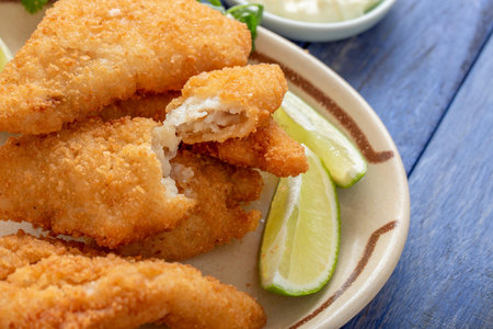 Crispy and Golden: Close-Up of Beer Battered Deep Fried Fish with Lemon in 4K Resolutionの写真素材