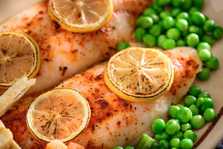 Flavorful Delight: Cajun Style Baked Fish Fillet with Fries and Lemon in Exquisite 4K Close-Up