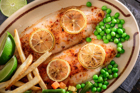 Flavorful Delight: Cajun Style Baked Fish Fillet with Fries and Lemon in Exquisite 4K Close-Upの写真素材