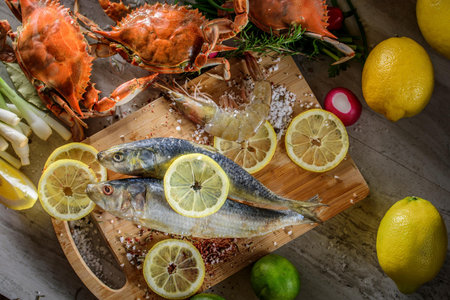 Seafood Sensation: Fresh Fish and Shellfish Seasoned with Sea Salt and Spices in Exquisite 4K Close-Upの写真素材