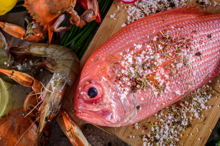 Exquisite Delights: Fresh New Zealand Red Snapper fish and Crab Infused with Salt, Spices, and Zesty Lemon in 4Kの写真素材