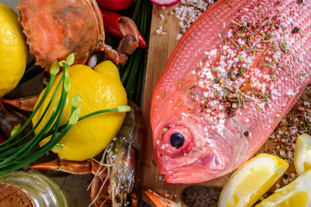 Exquisite Delights: Fresh New Zealand Red Snapper fish and Crab Infused with Salt, Spices, and Zesty Lemon in 4Kの写真素材