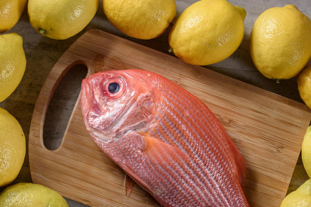 Vibrant Close-Up: Fresh Raw Red Snapper Fish with Zesty Lemon Accent in 4Kの写真素材
