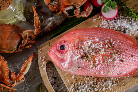 Exquisite Delights: Fresh New Zealand Red Snapper fish and Crab Infused with Salt, Spices, and Zesty Lemon in 4Kの写真素材