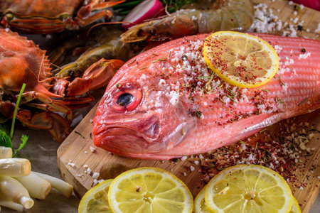 Exquisite Delights: Fresh New Zealand Red Snapper fish and Crab Infused with Salt, Spices, and Zesty Lemon in 4Kの写真素材