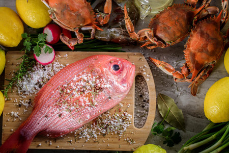Exquisite Delights: Fresh New Zealand Red Snapper fish and Crab Infused with Salt, Spices, and Zesty Lemon in 4Kの写真素材