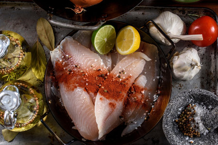 Exquisite Flavors: Close-Up of Raw Tilapia fish Fillet Infused with Delicious Spices in 4Kの写真素材