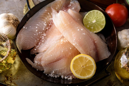 Exquisite Flavors: Close-Up of Raw Tilapia fish Fillet Infused with Delicious Spices in 4Kの写真素材