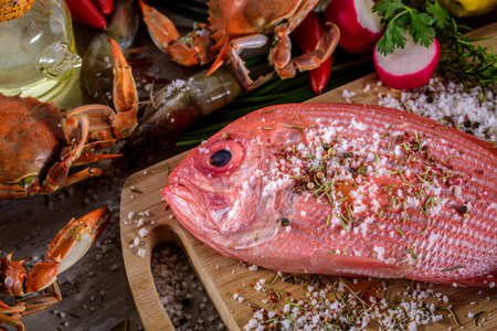 Exquisite Delights: Fresh New Zealand Red Snapper fish and Crab Infused with Salt, Spices, and Zesty Lemon in 4Kの写真素材